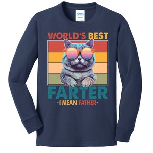 Worlds Best Farter I Mean Father Funny Retro Cat Kids Long Sleeve Shirt