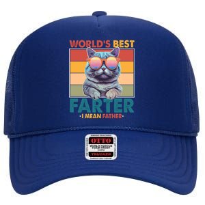 Worlds Best Farter I Mean Father Funny Retro Cat High Crown Mesh Back Trucker Hat