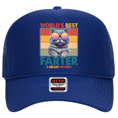 Worlds Best Farter I Mean Father Funny Retro Cat High Crown Mesh Back Trucker Hat