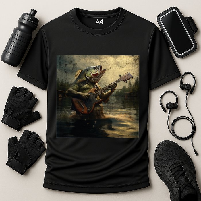 Weird Bass Fish Playing Bass Guitar Funny Cursed Meme Cooling Performance Crew T-Shirt