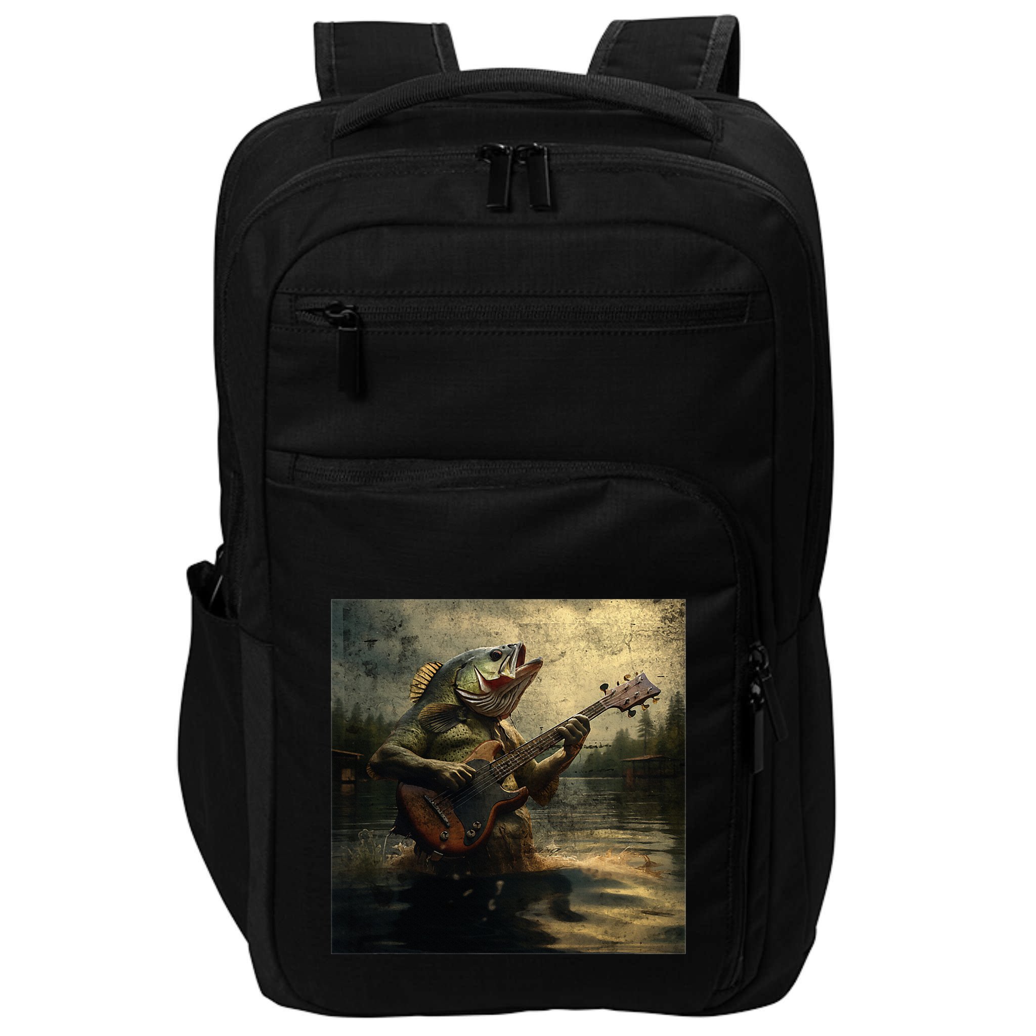Weird Bass Fish Playing Bass Guitar Funny Cursed Meme Impact Tech Backpack