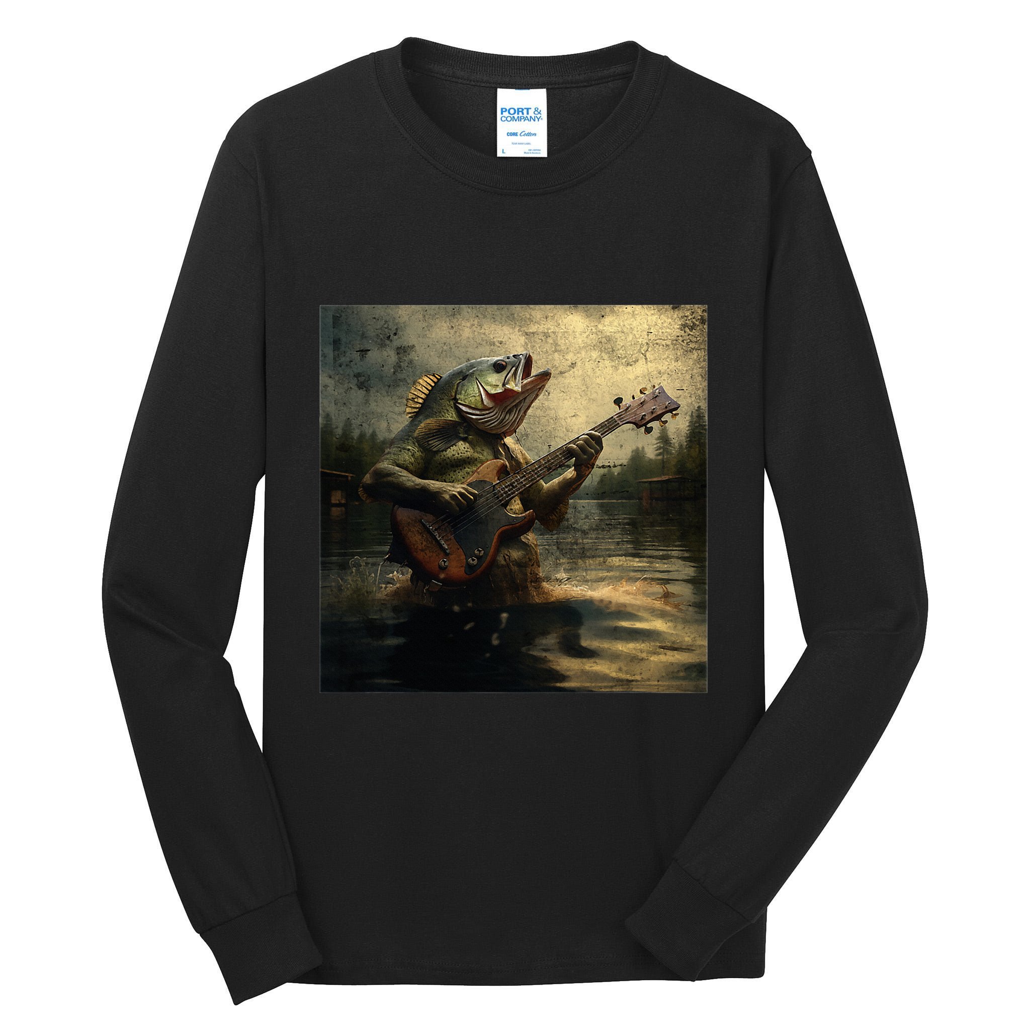 Weird Bass Fish Playing Bass Guitar Funny Cursed Meme Tall Long Sleeve T-Shirt