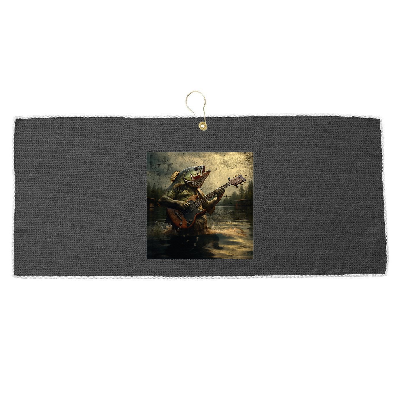 Weird Bass Fish Playing Bass Guitar Funny Cursed Meme Large Microfiber Waffle Golf Towel