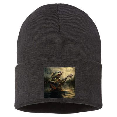 Weird Bass Fish Playing Bass Guitar Funny Cursed Meme Sustainable Knit Beanie