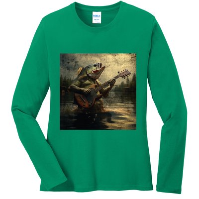 Weird Bass Fish Playing Bass Guitar Funny Cursed Meme Ladies Long Sleeve Shirt