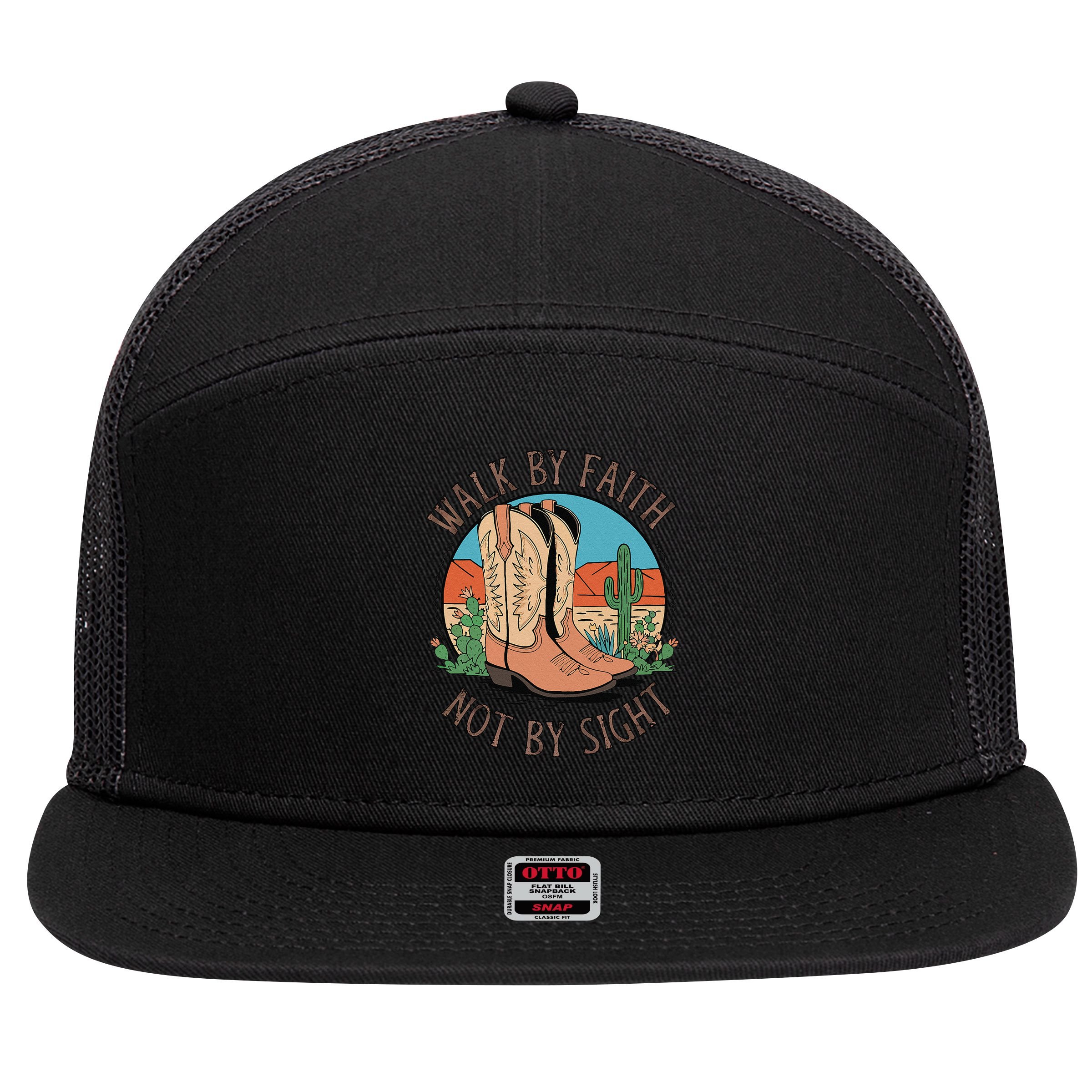 Walk By Faith Not By Sight Western Boots 7 Panel Mesh Trucker Snapback Hat