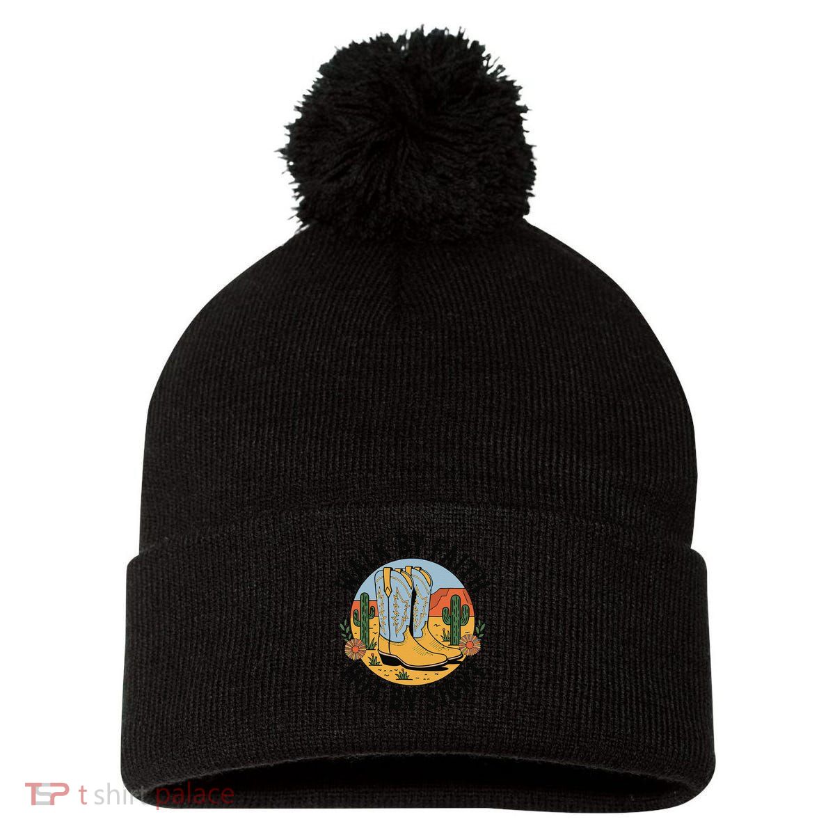 Walk by Faith Not by Sight Western Boots Pom Pom 12in Knit Beanie