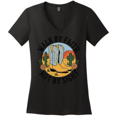 Walk by Faith Not by Sight Western Boots Women's V-Neck T-Shirt