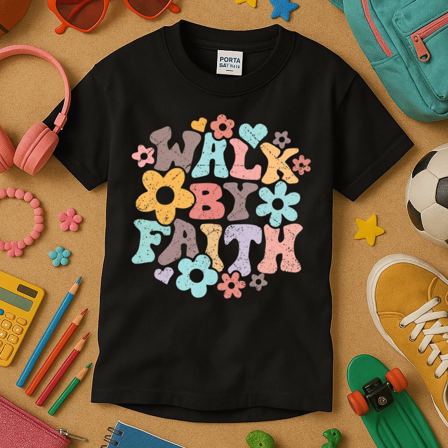 Walk By Faith Christian Jesus Love Religious Prayer Women Kids T-Shirt