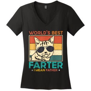 Worlds Best Farter I Mean Father Funny Best Cat Dad Ever Women's V-Neck T-Shirt