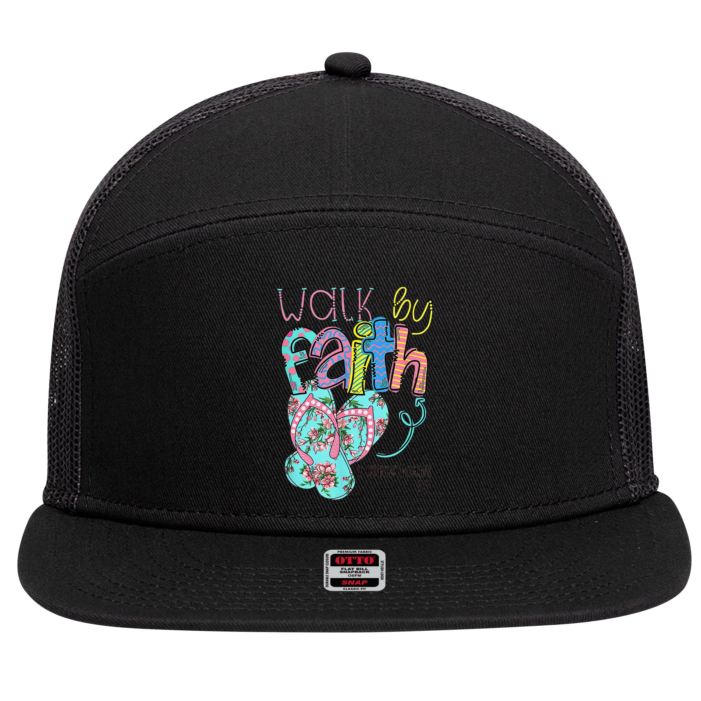 Walk By Faith Flip Flops Christian Jesus Bible Verse Summer 7 Panel Mesh Trucker Snapback Hat