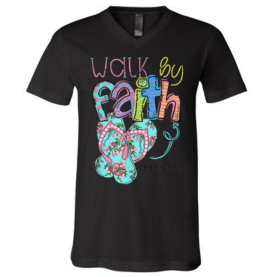 Walk By Faith Flip Flops Christian Jesus Bible Verse Summer V-Neck T-Shirt