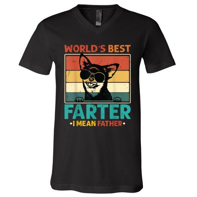 Worlds Best Farter I Mean Father Best Dad Ever Cool Dog V-Neck T-Shirt