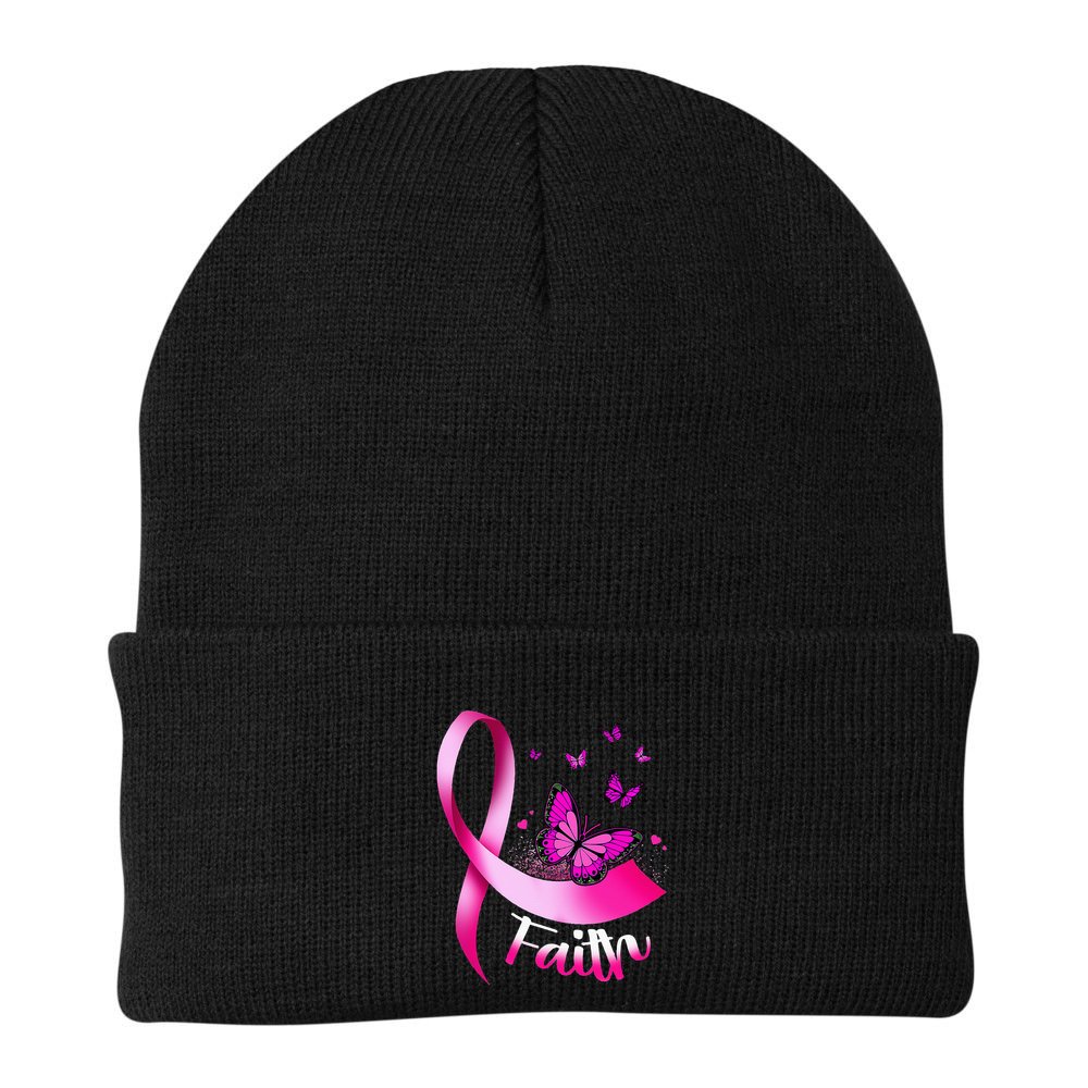 Woman Butterfly Faith Pink Ribbon Cancer Breast Awareness Beanie