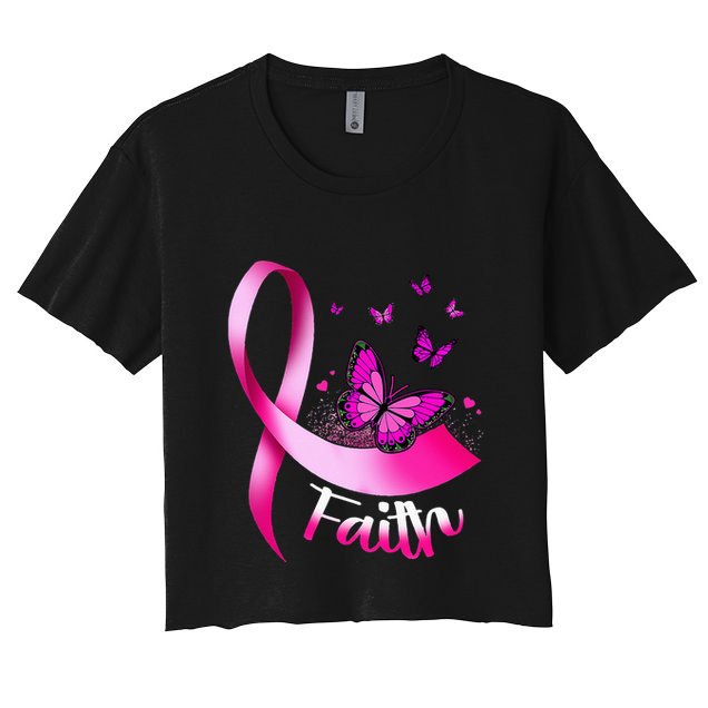 Woman Butterfly Faith Pink Ribbon Cancer Breast Awareness Crop Top
