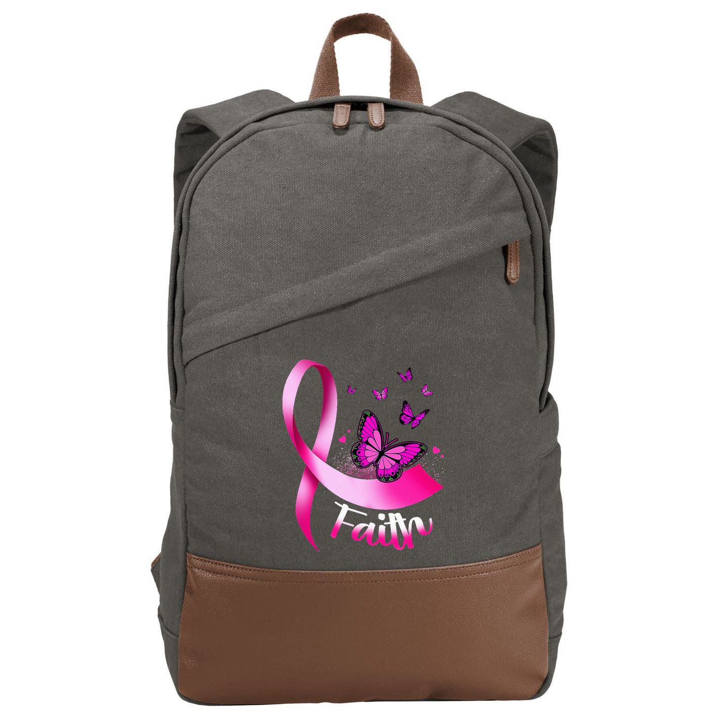 Woman Butterfly Faith Pink Ribbon Cancer Breast Awareness Cotton Canvas Backpack