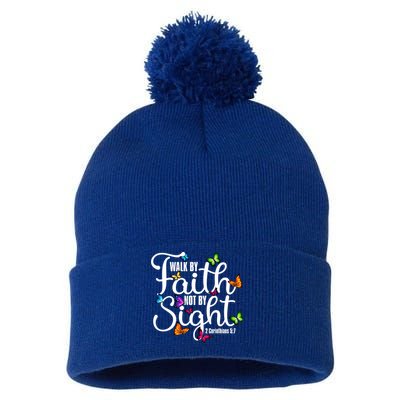 Walk By Faith Not By Sight 2 Corinthians 5 7 Butterfly Art Gift Pom Pom 12in Knit Beanie