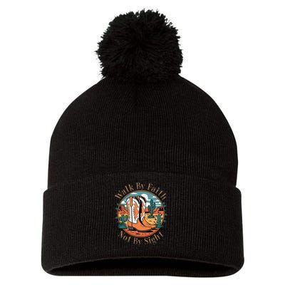Walk By Faith Not By Sight Western Boots Pom Pom 12in Knit Beanie
