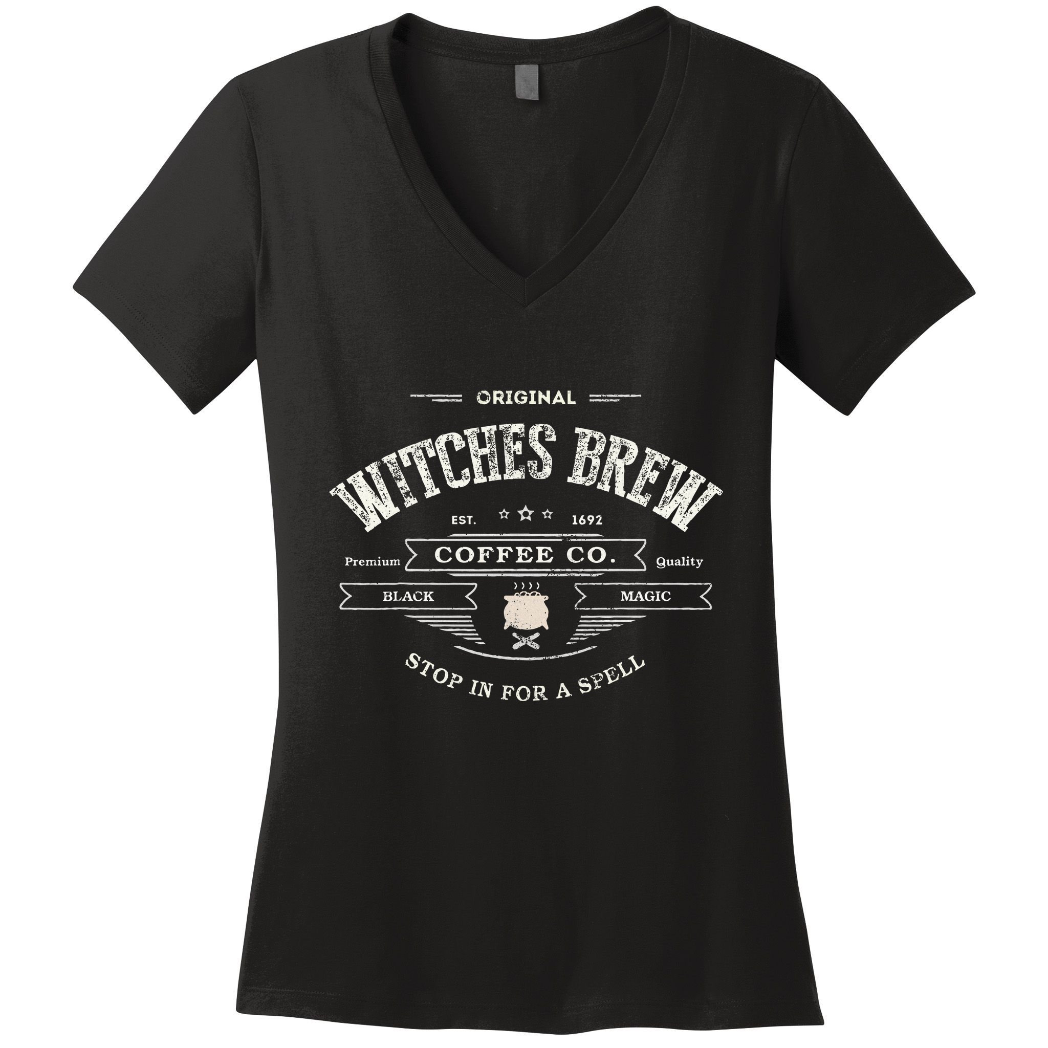 Witches Brew Funny 1692 Coffee Company Black Magic Co Women's V-Neck T-Shirt