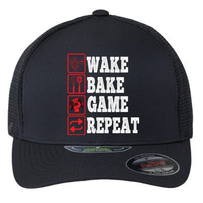 Wake Bake Game Repeat Gamer Design Gaming Symbols Funny Gift Flexfit Unipanel Trucker Cap