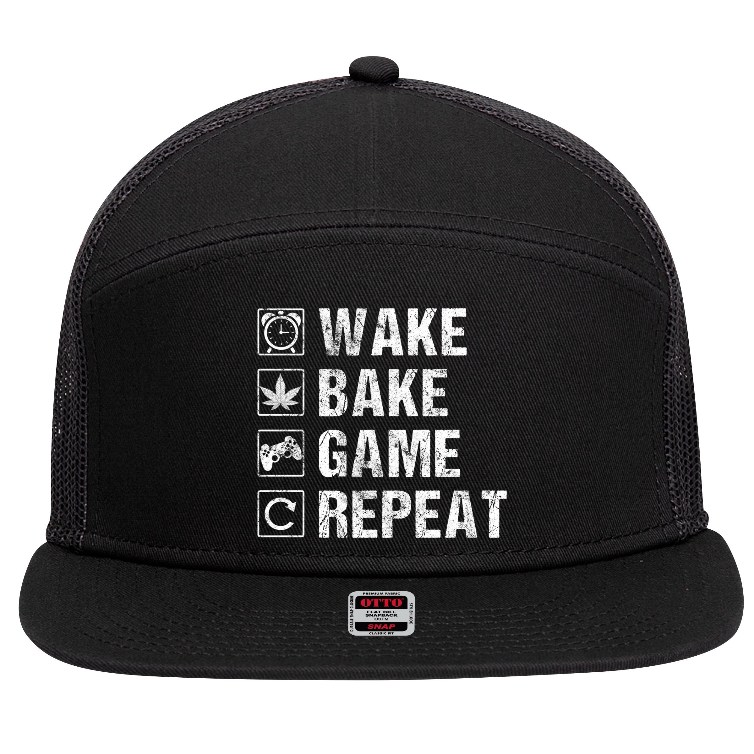 Wake Bake Game Repeat Video Game Weed Smoker Pot Gift 7 Panel Mesh Trucker Snapback Hat