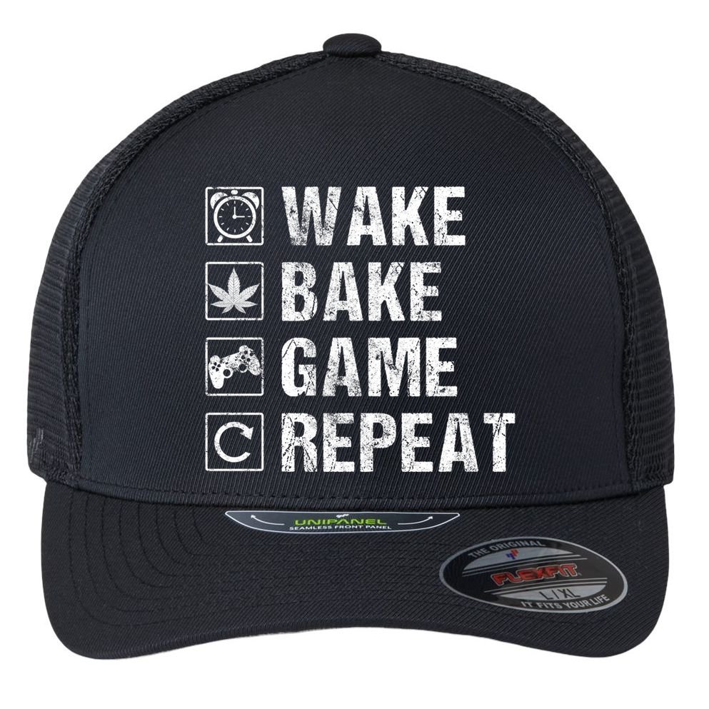Wake Bake Game Repeat Video Game Weed Smoker Pot Gift Flexfit Unipanel Trucker Cap