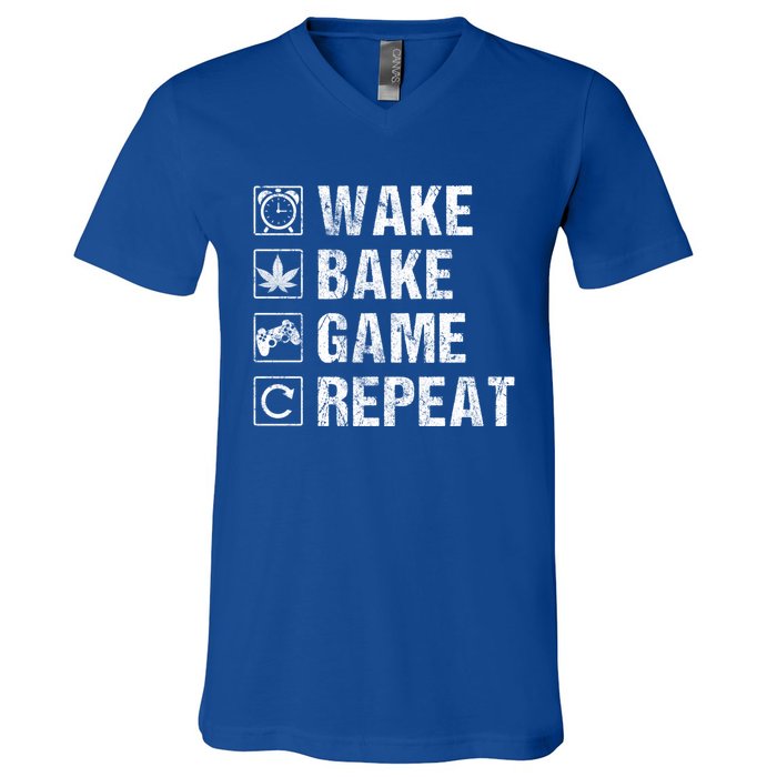 Wake Bake Game Repeat Video Game Weed Smoker Pot Gift V-Neck T-Shirt