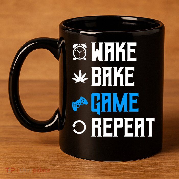 Wake Bake Game Repeat Gift 11oz C Handle Ceramic Mug