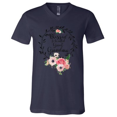 Womens Blessed Great Grandma Floral Grandma Decoration V-Neck T-Shirt