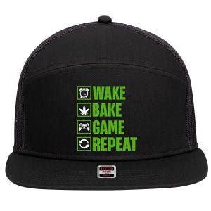 Wake Bake Game Repeat 420 Retro Weed Cannabis Thc Marijuana Funny Gift 7 Panel Mesh Trucker Snapback Hat