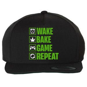 Wake Bake Game Repeat 420 Retro Weed Cannabis Thc Marijuana Funny Gift Wool Snapback Cap