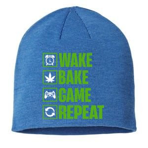 Wake Bake Game Repeat 420 Retro Weed Cannabis Thc Marijuana Funny Gift Sustainable Beanie