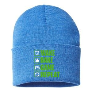 Wake Bake Game Repeat 420 Retro Weed Cannabis Thc Marijuana Funny Gift Sustainable Knit Beanie