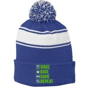 Wake Bake Game Repeat 420 Retro Weed Cannabis Thc Marijuana Funny Gift Stripe Pom Pom Beanie