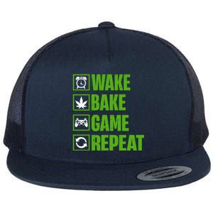 Wake Bake Game Repeat 420 Retro Weed Cannabis Thc Marijuana Funny Gift Flat Bill Trucker Hat