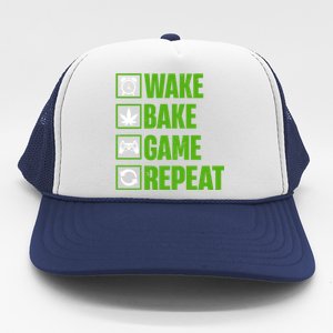 Wake Bake Game Repeat 420 Retro Weed Cannabis Thc Marijuana Funny Gift Trucker Hat