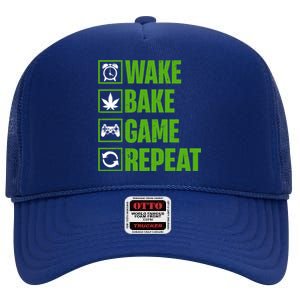 Wake Bake Game Repeat 420 Retro Weed Cannabis Thc Marijuana Funny Gift High Crown Mesh Back Trucker Hat