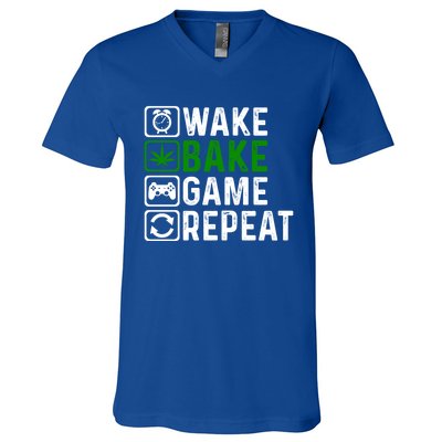 Wake Bake Game Repeat Marijuana Weed Lover Weed Gift V-Neck T-Shirt