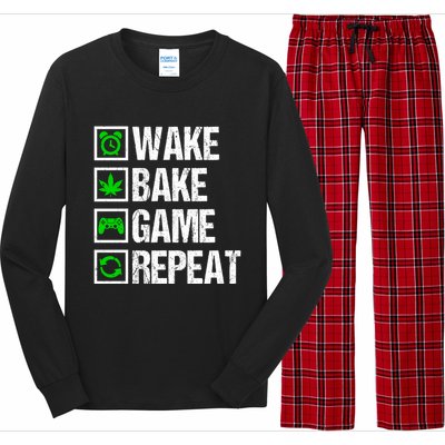 Wake Bake Game Repeat 420 Weed Cannabis Funny Gaming Gift Long Sleeve Pajama Set