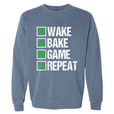 Wake Bake Game Repeat 420 Weed Cannabis Funny Gaming Gift Garment-Dyed Sweatshirt