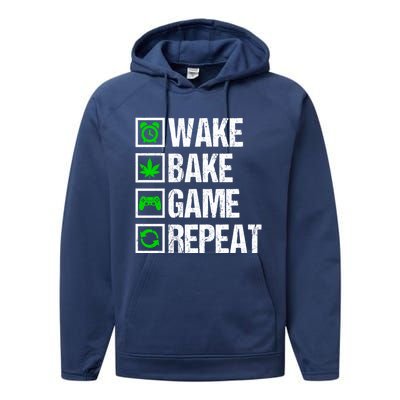 Wake Bake Game Repeat 420 Weed Cannabis Funny Gaming Gift Performance Fleece Hoodie