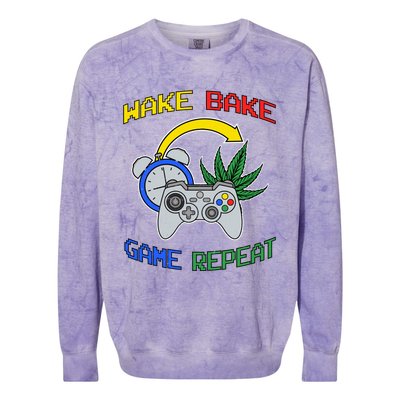 Wake Bake Game Repeat Weed Cannabis Smoker Gamer Gaming Gift Colorblast Crewneck Sweatshirt