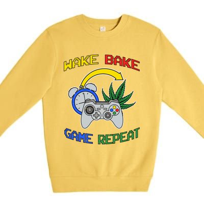 Wake Bake Game Repeat Weed Cannabis Smoker Gamer Gaming Gift Premium Crewneck Sweatshirt