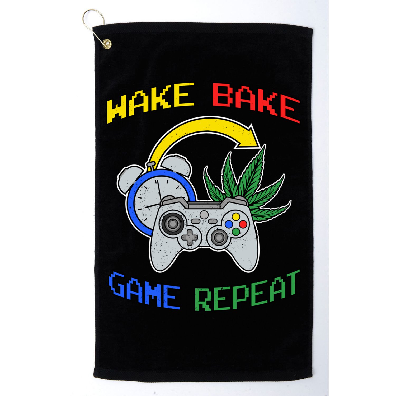 Wake Bake Game Repeat Weed Cannabis Smoker Gamer Gaming Gift Golf Towel