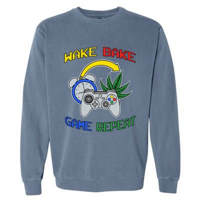 Wake Bake Game Repeat Weed Cannabis Smoker Gamer Gaming Gift Garment-Dyed Sweatshirt