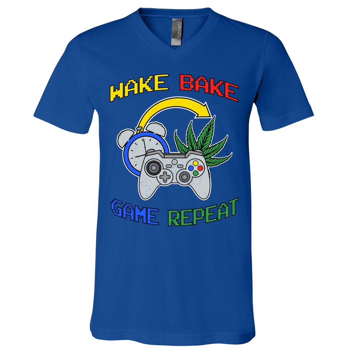 Wake Bake Game Repeat Weed Cannabis Smoker Gamer Gaming Gift V-Neck T-Shirt