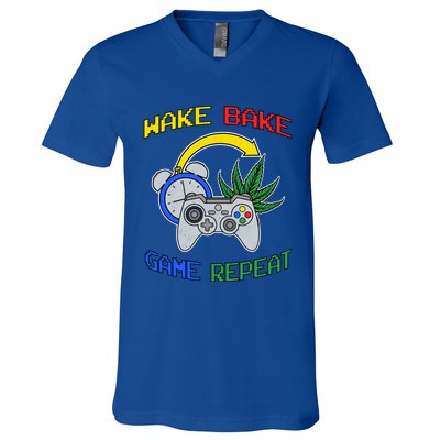 Wake Bake Game Repeat Weed Cannabis Smoker Gamer Gaming Gift V-Neck T-Shirt