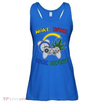 Wake Bake Game Repeat Weed Cannabis Smoker Gamer Gaming Gift Ladies Essential Flowy Tank