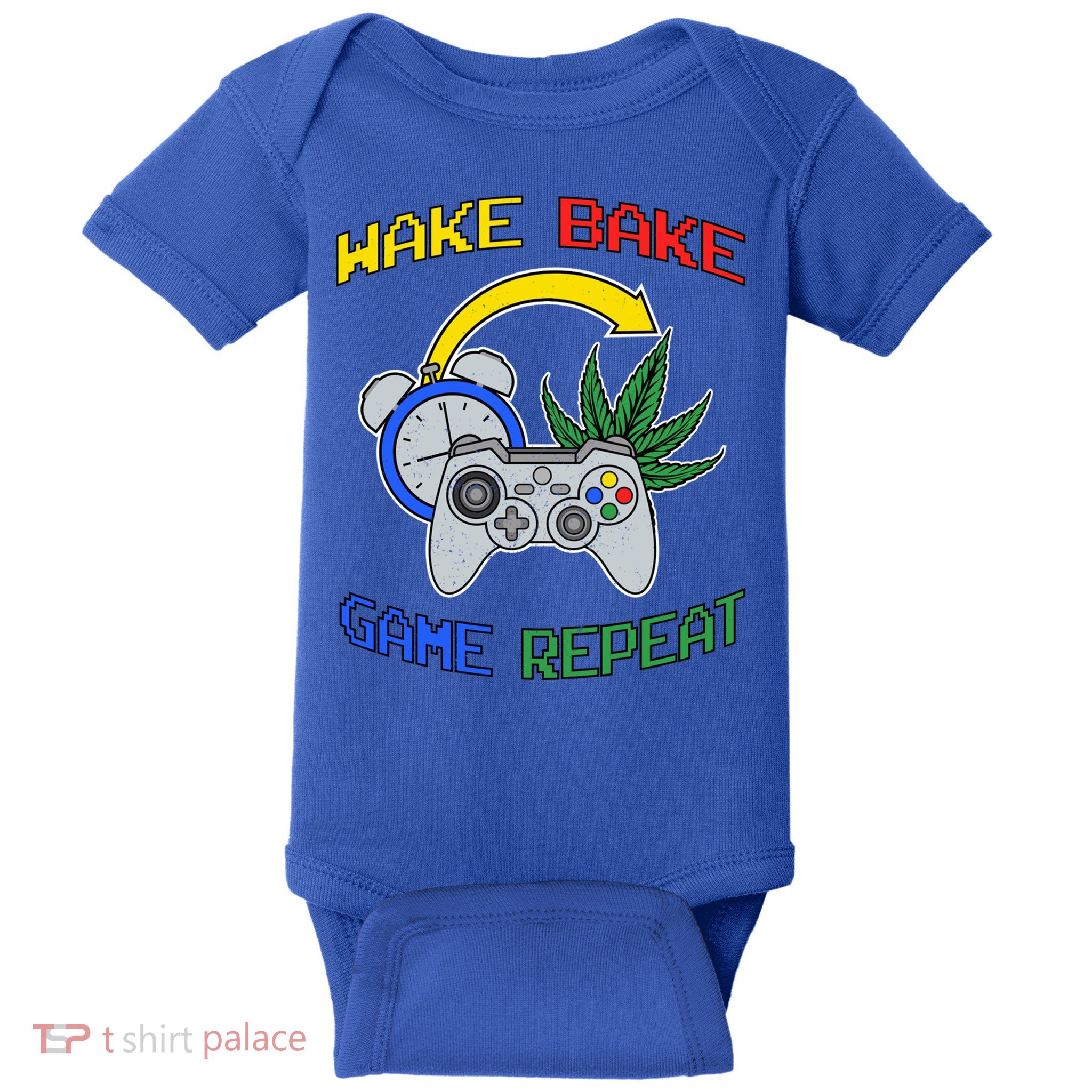 Wake Bake Game Repeat Weed Cannabis Smoker Gamer Gaming Gift Baby Bodysuit