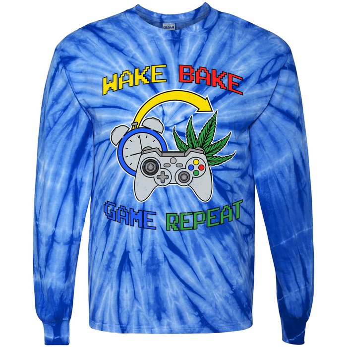 Wake Bake Game Repeat Weed Cannabis Smoker Gamer Gaming Gift Tie-Dye Long Sleeve Shirt